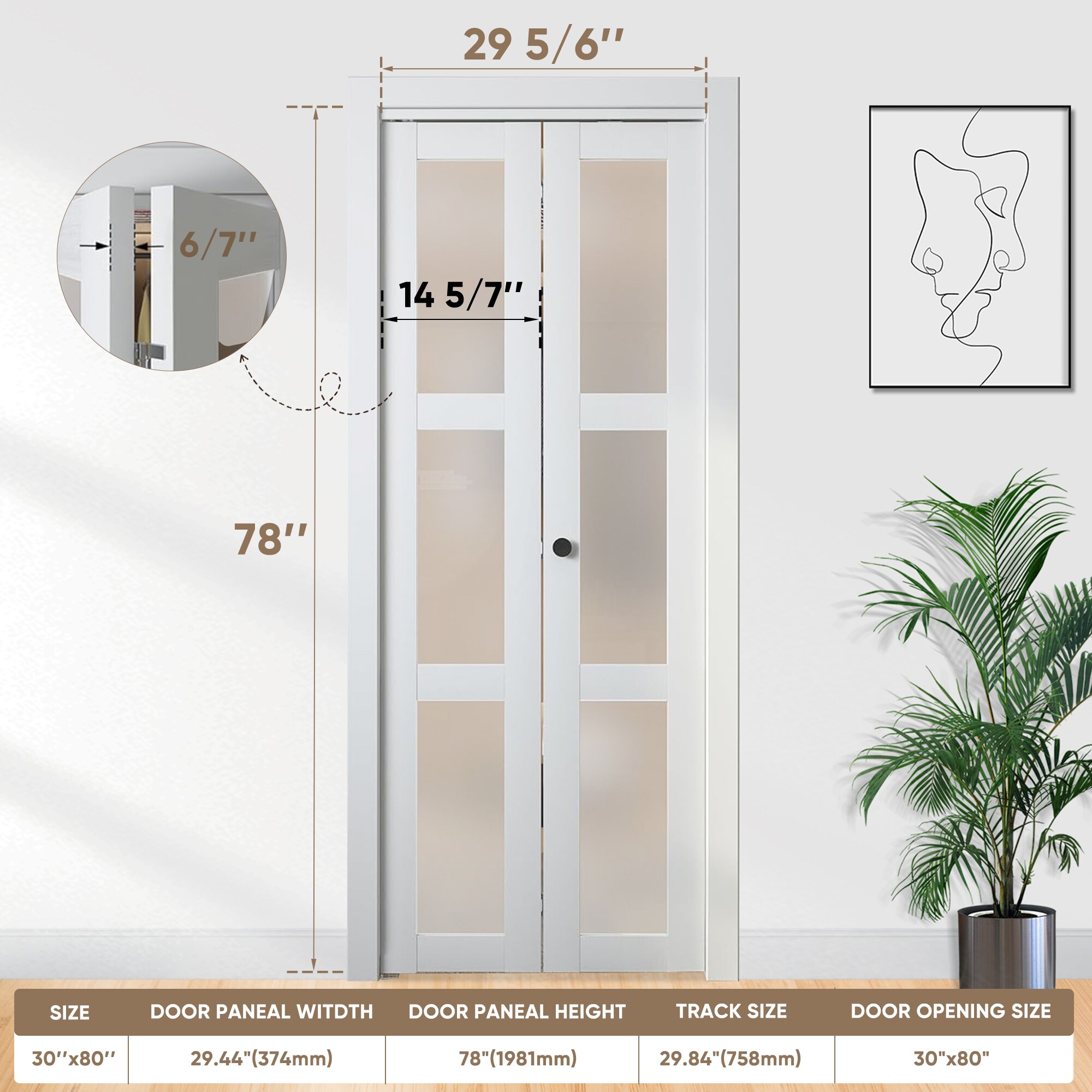 30"x 80" 3-Lite Frosted Glass Bi-Fold Barn Door Solid Manufactured Wood With Installation Hardware Kit_voghion.com